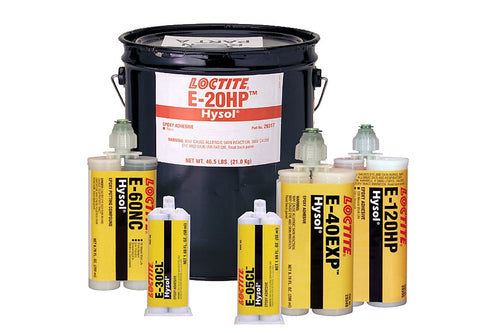 Loctite epoxy in 50 ml cartridges, 400 ml cartridges, and 5 gallon pail