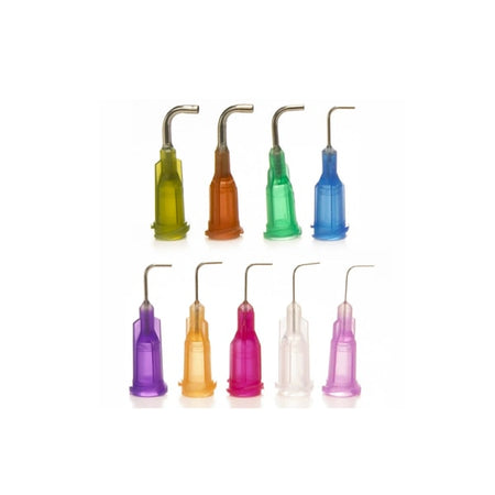 Nine colored adhesive needles with bent tips