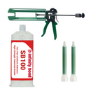 200 mL cartridge of SB100 substrate bonder with two static mixer nozzles and a manual cartridge gun