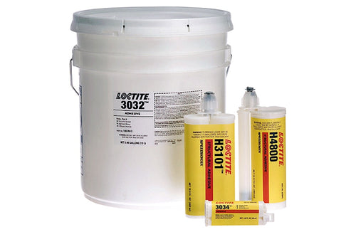 Loctite acrylic adhesives in 50 ml cartridges, 400 ml cartridges, and 5 gallon pail