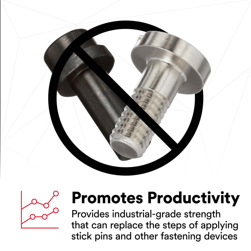 Productivity visual showing how the adhesive eliminates the need for stick pins or mechanical fasteners.