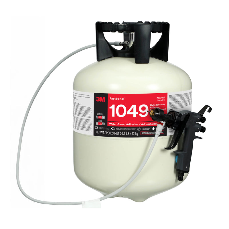 Complete spray setup with hose and applicator gun attached to a 3M Fastbond 1049 adhesive cylinder.
