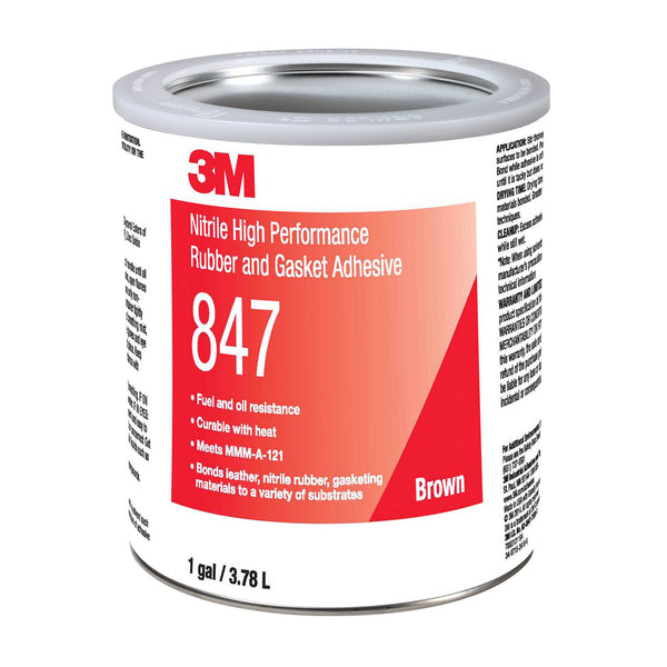 3M 847 Nitrile Rubber and Gasket Adhesive in 1 gallon metal can, labeled for fuel and oil resistance with brown color indication