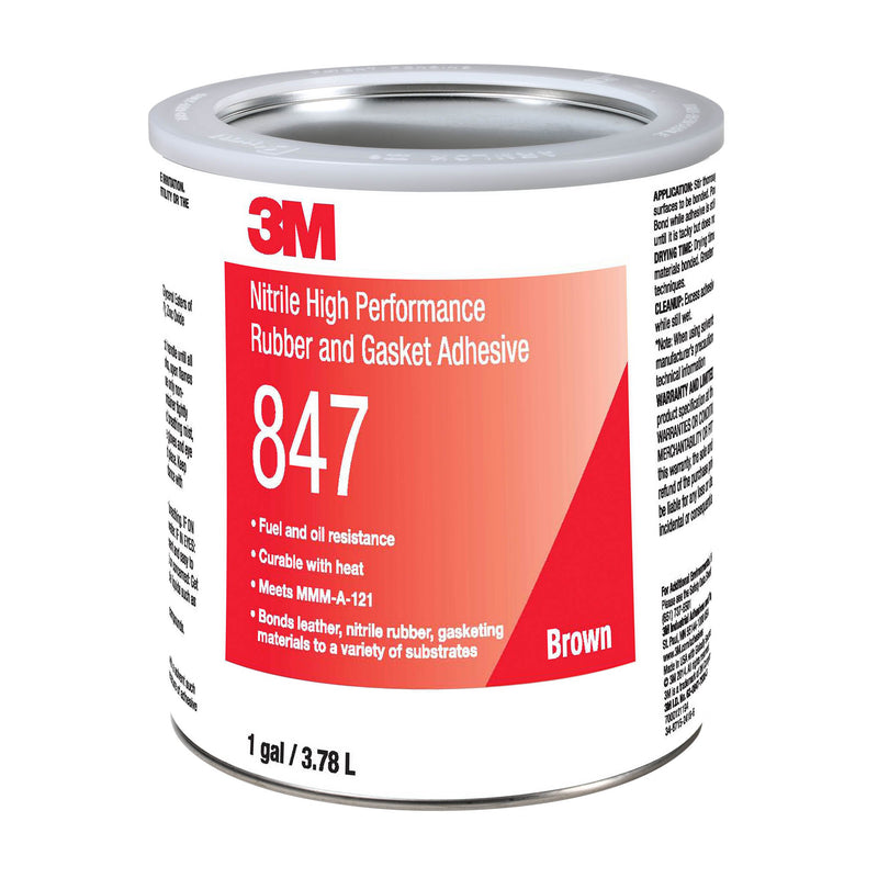 3M 847 Nitrile Rubber and Gasket Adhesive in 1 gallon metal can, labeled for fuel and oil resistance with brown color indication