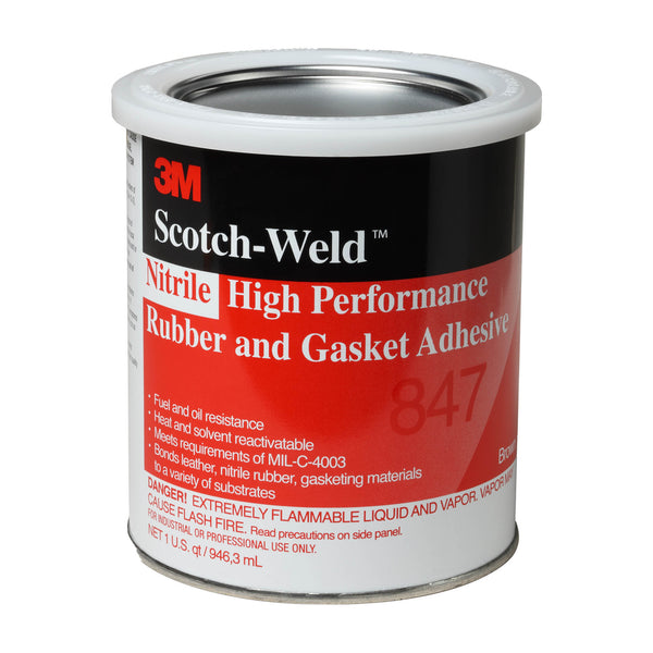 3M Scotch-Weld 847 Nitrile Rubber and Gasket Adhesive in 1 quart can with red and black label for oil and solvent resistance