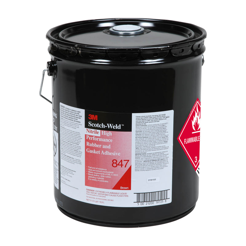 3M Scotch-Weld 847 Rubber and Gasket Adhesive in a 5 gallon black pail with red flammable warning and detailed product label