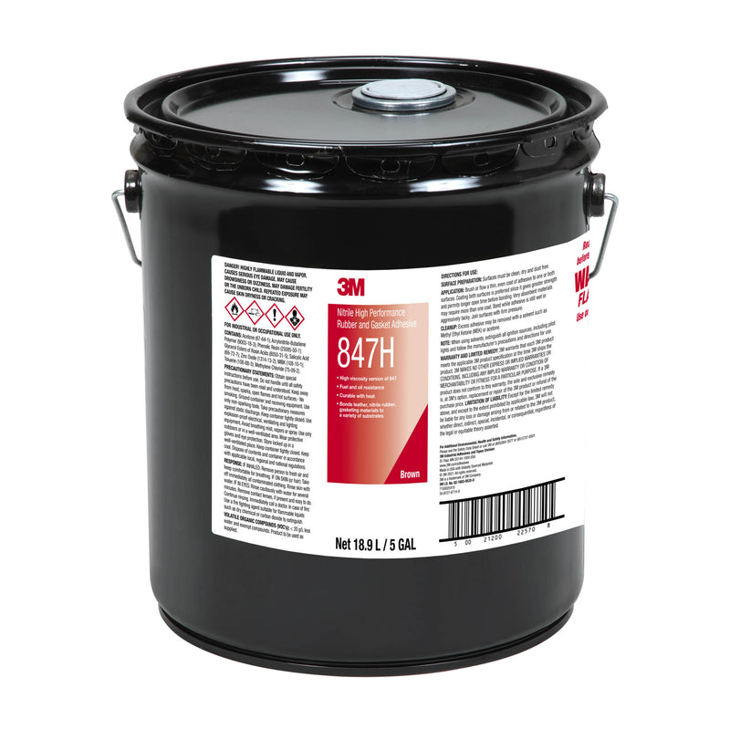 3M 847H Nitrile Rubber and Gasket Adhesive in a 5 gallon black pail with red and white label, high viscosity bulk adhesive for industrial use