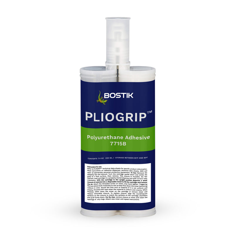 220 ml cartridge of Bostik Pliogrip 7715B polyurethane adhesive, designed for structural bonding with a 15 minute working time