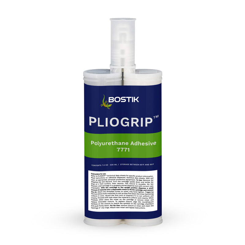 Fast cure Bostik Pliogrip 7771 polyurethane adhesive cartridge, 215 ml size, with a 1.5 minute open time