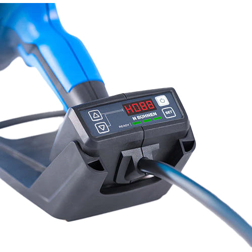Close-up of Buehnen HB 720 bead applicator digital display showing temperature and settings for hot melt operation