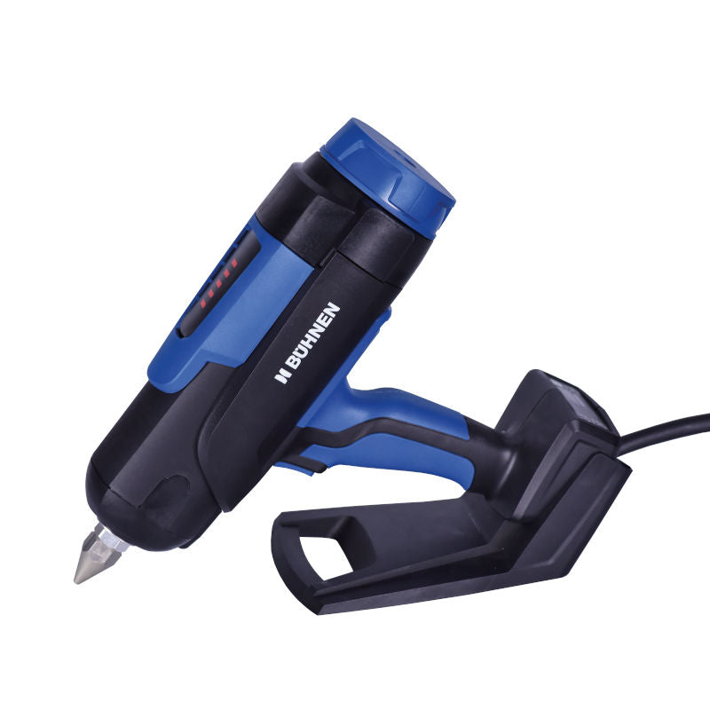 Side angled view of Buehnen HB 720 glue gun with power cord connected and conical bead nozzle attached