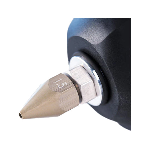 Brass 1.5 mm conical nozzle tip for Buehnen HB 720 hot melt bead glue gun shown in close-up detail