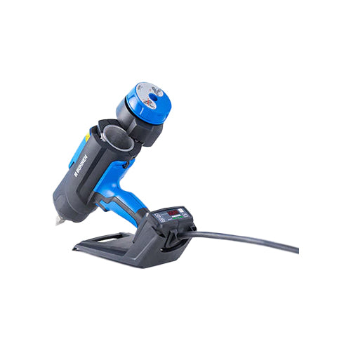 Buehnen HB 720 bead applicator angled in resting cradle with power cable attached on white background
