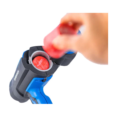 Red hot melt slug being inserted into Buehnen HB 720 glue gun cartridge chamber for bead applications