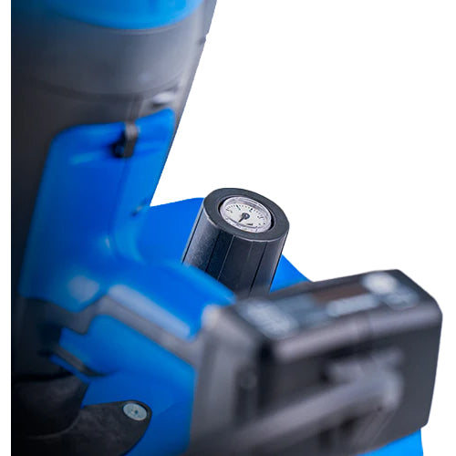 Pressure gauge close-up on Buehnen HB 720 bead glue gun tool stand with integrated air service regulator