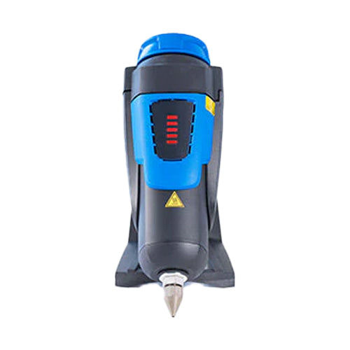 Front view of Buehnen HB 720 bead glue gun showing conical nozzle and LED indicator lights while seated upright in cradle