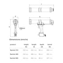 COX AirFlow 2 sachet gun dimensional drawing comparing the 310 mL, 400 mL, and 600 mL models