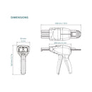 COX MR 50 cartridge gun dimensional drawing showing 7.8 × 5.7 × 2.5 inch overall dimensions