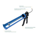 COX PowerFlow 310 cartridge gun with labeled U-opening frame, pressure relief device, aluminum handle, and curved rod end