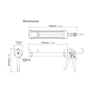 COX PowerFlow Quart cartridge gun dimensional drawing showing 444 × 214 × 77 mm overall dimensions