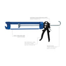 COX PowerFlow Quart cartridge gun with labeled pressure relief device, steel cradle, aluminum handle, and curved rod end