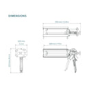 COX VBM 400X MR cartridge gun dimensional drawing showing 13.8 × 8.4 × 4.1 inch overall dimensions