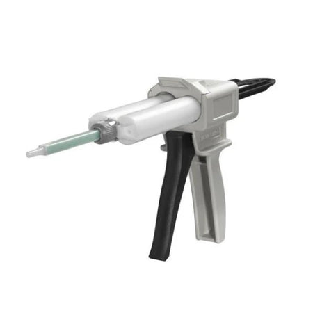 Manual adhesive cartridge gun loaded with cartridge and static mixer nozzle