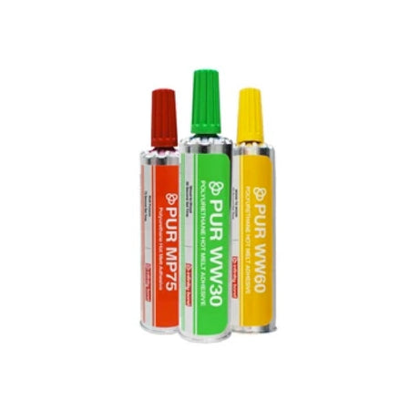 Three different 50 gram PUR adhesive cartridges standing upright