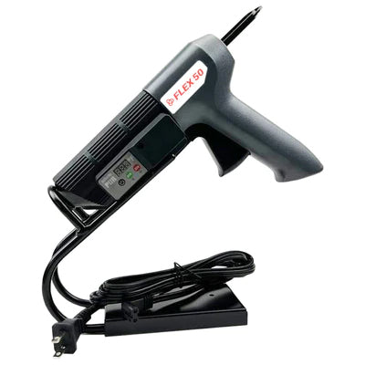 Infinity Bond FLEX 50 PUR Hot Melt Applicator resting on a black metal stand with power cord wrapped underneath.