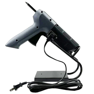 Side view of the Infinity Bond FLEX 50 PUR Hot Melt Applicator positioned on its black metal stand, power cord coiled at the base.