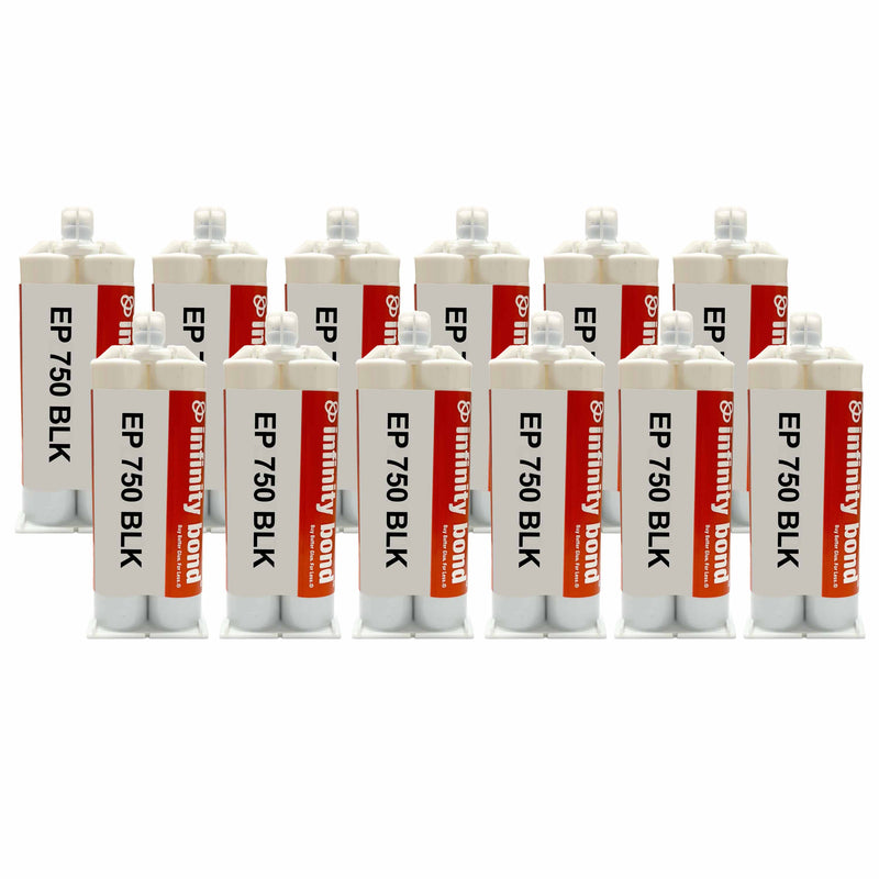 12-pack of Infinity Bond EP 750 Black 50ml epoxy cartridges – two-part adhesive for small batch use