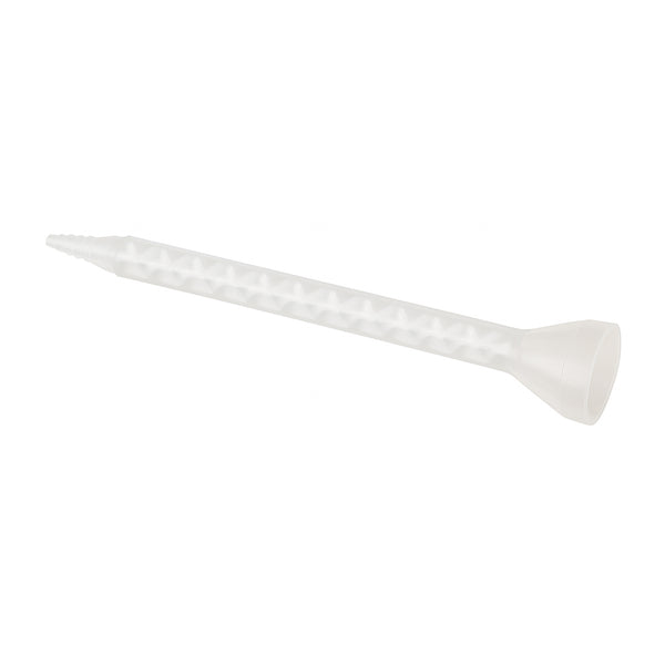 Infinity Bond MCH 05-18T static mixer with bell inlet and tapered stepped tip outlet, designed for 50 ml cartridges and two-part adhesive dispensing.