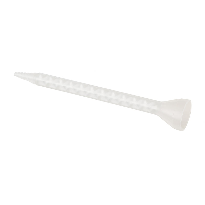 Infinity Bond MCH 05-18T static mixer with bell inlet and tapered stepped tip outlet, designed for 50 ml cartridges and two-part adhesive dispensing.