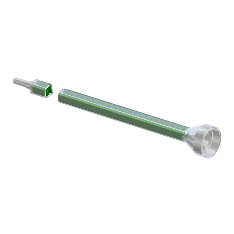 Infinity Bond MCQ 05-24L Quadro static mixer with bell inlet and Luer Lock tip, designed for compact precision dispensing of two-part adhesives.