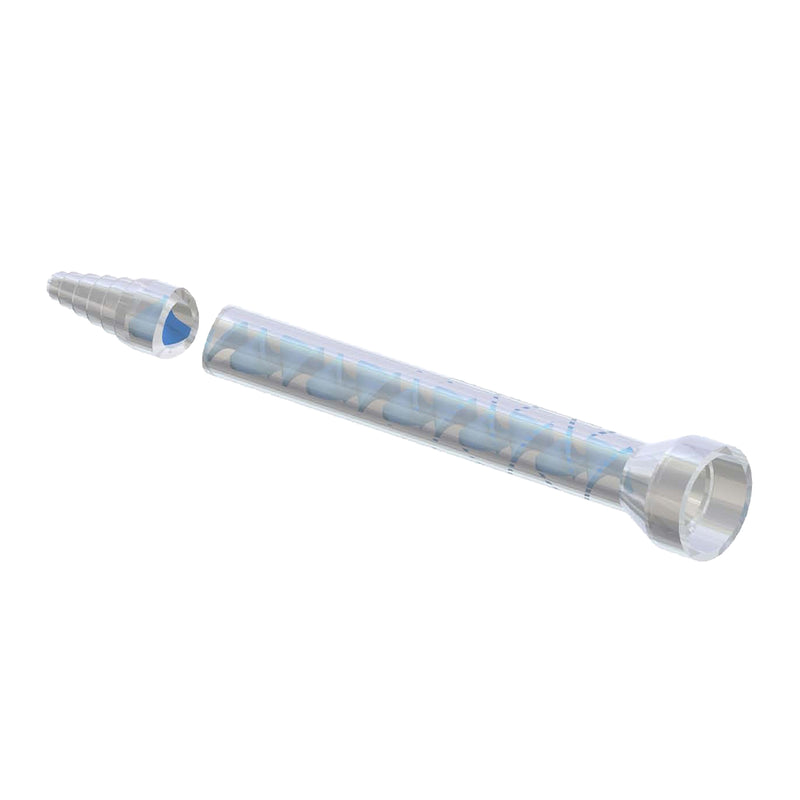 Infinity Bond ME 08-32T static mixer with bell inlet and stepped tip, featuring 32 elements for high-pressure two-part adhesive dispensing in C-System cartridges.