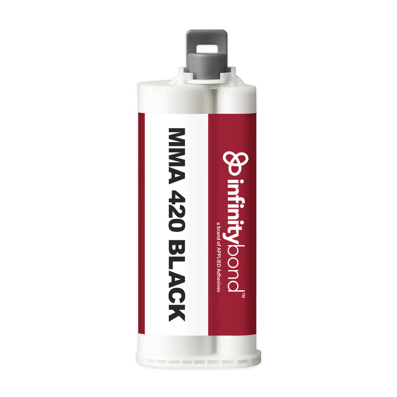 Infinity Bond MMA 420 Black 50ml Cartridge – 10:1 fast-set adhesive, 7 min work time, bonds metals, fiberglass, and plastics
