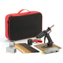 A complete Knottec Light Industrial wood repair kit showing the Tec 305 glue gun, mixed color sticks, case, heatsinks, and accessories by Power Adhesives