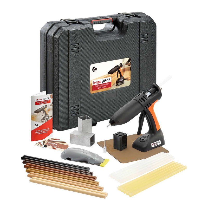 Power Adhesives Knottec repair kit, including a cordless hot glue gun, adhesive sticks, heat sync blocks, a Mouseplane, and a hard plastic carrying case.
