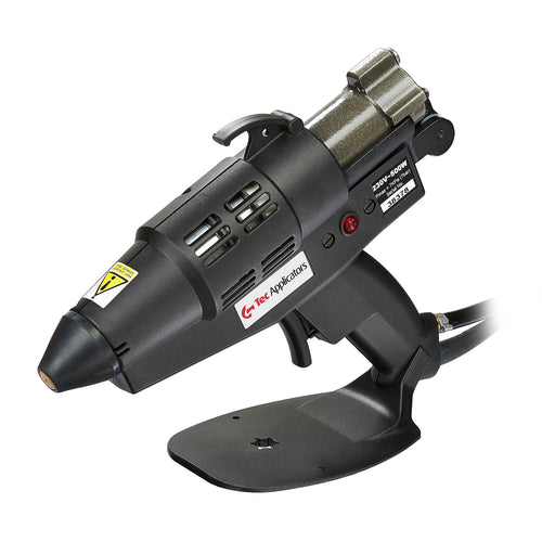 Standalone view of the Power Adhesives Tec 6300 pneumatic hot melt spray glue gun with nozzle, trigger, and removable base.