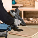 In a woodworking environment, adhesive is applied in a wide spray pattern with a Tec 7300 hot melt spray gun.