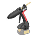 Power Adhesives Tec 808 battery-powered glue gun shown with DeWalt-compatible adapter attached