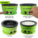 Surebonder 803 hot glue skillet showing adjustable temperature control, power switch, and 1-inch glue depth