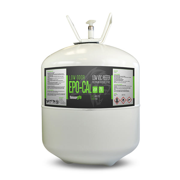 Tensorgrip EPO-CAL low odor low VOC reefer repair adhesive in a 22-liter spray tank with green-accented label.