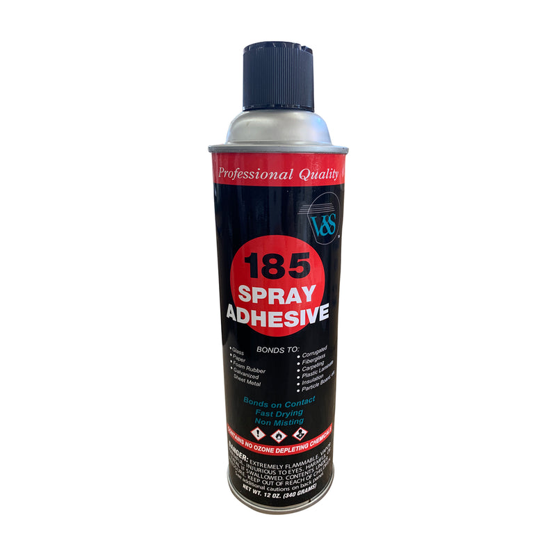 V&S 185 General Purpose Spray Adhesive in 12 oz can designed for bonding plastic, wood, rubber, and paper.
