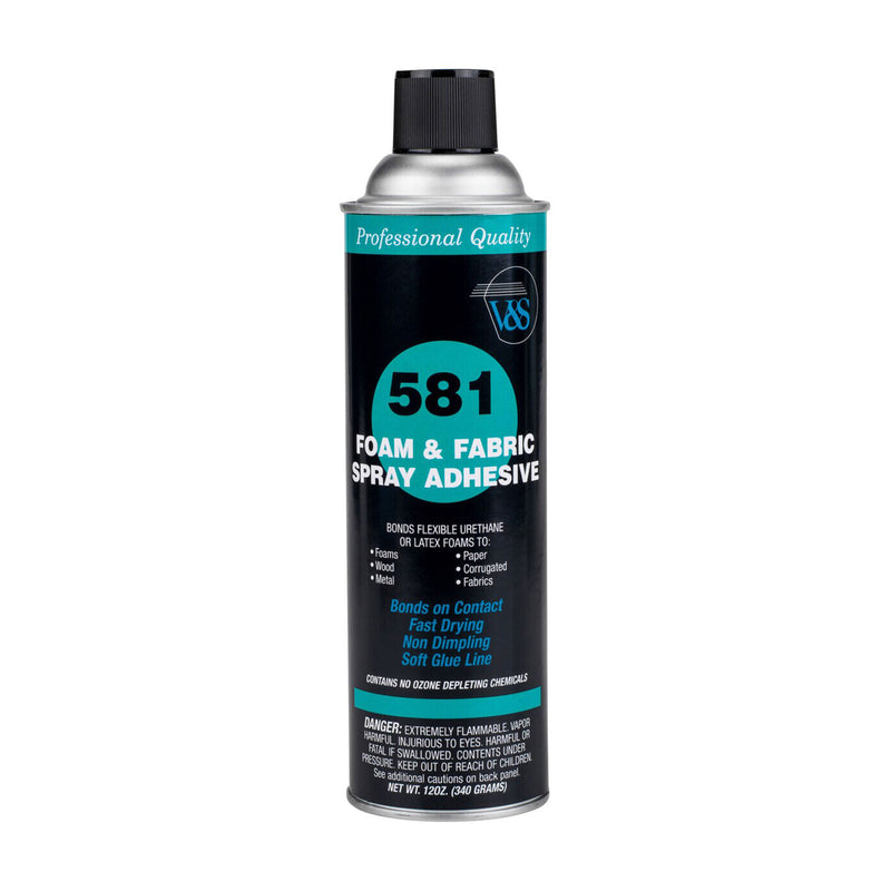 V&S 581 Foam and Fabric Spray Adhesive in 12 oz can for bonding foam, fabrics, and paper with fast drying and soft glue line.