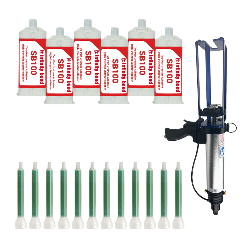 six 200 mL cartridge of SB100 substrate bonder with twelve static mixer nozzles and a pneumatic cartridge gun
