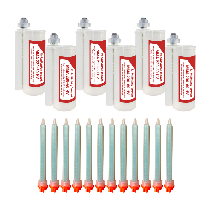 six 490 mL cartridge of MMA 230-60 HV with twelve MFQX 08-24T static mixer nozzles