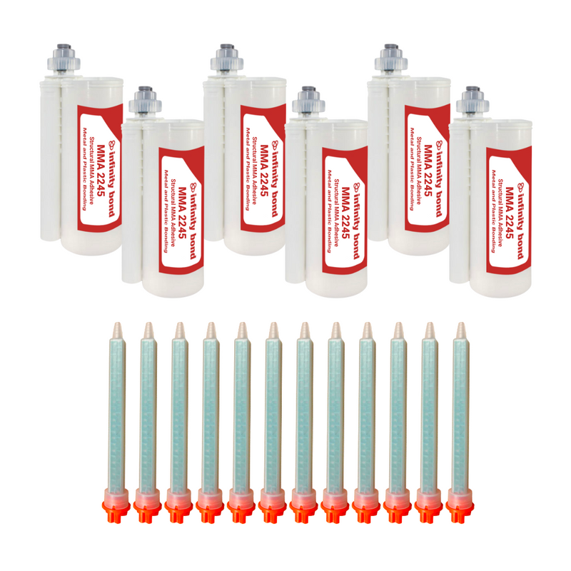 six 490 mL cartridge of Infinity Bond MMA 2245 with twelve MFQX 08-24T static mixer nozzles