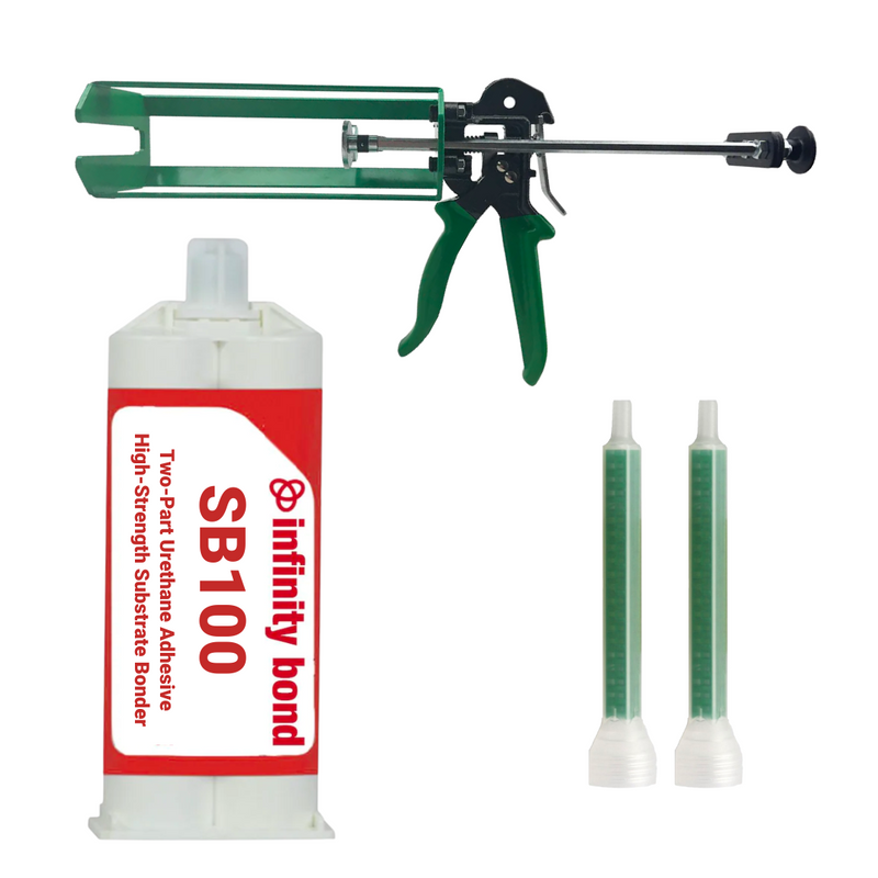 200 mL cartridge of SB100 substrate bonder with two static mixer nozzles and a manual cartridge gun