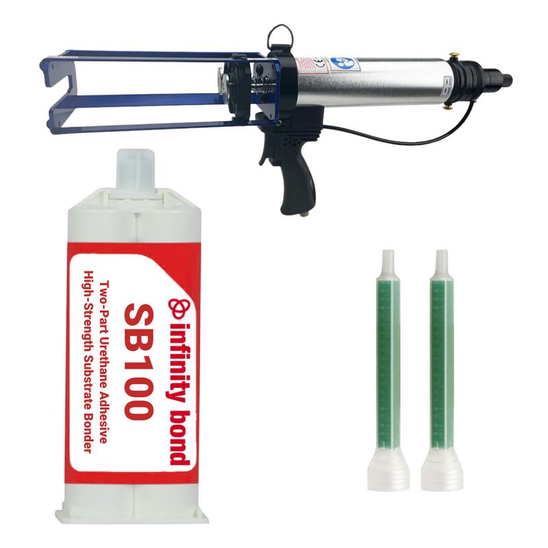 200 mL cartridge of SB100 substrate bonder with two static mixer nozzles and a pneumatic cartridge gun